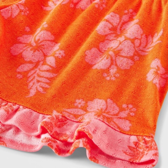 Girls 2pc Floral Ruffle Tank Top shorts Pajama Set Orange Pink - Picture 2 of 5